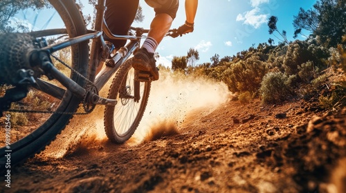 Wallpaper Mural Side perspective of a mountain biker speeding down a trail, kicking up dust behind them. Torontodigital.ca