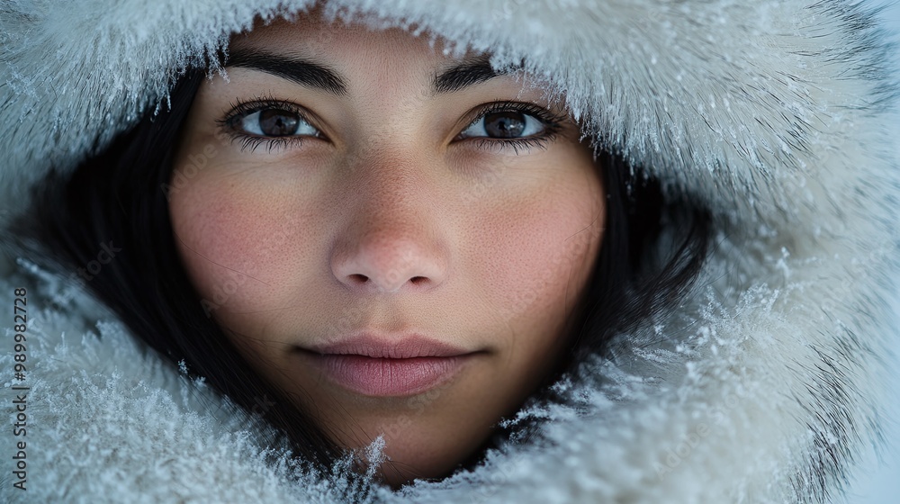 elegant portrait of a young inuit woman, 30 years old, with black hair wearing traditional inuit sun ruff clothing highlighting her cultural heritage, indigenous fashion, and handcrafted winter outfit elegant portrait of a young inuit woman, 30 years old, with black hair wearing traditional inuit sun ruff clothing highlighting her cultural heritage, indigenous fashion, and handcrafted winter outfit