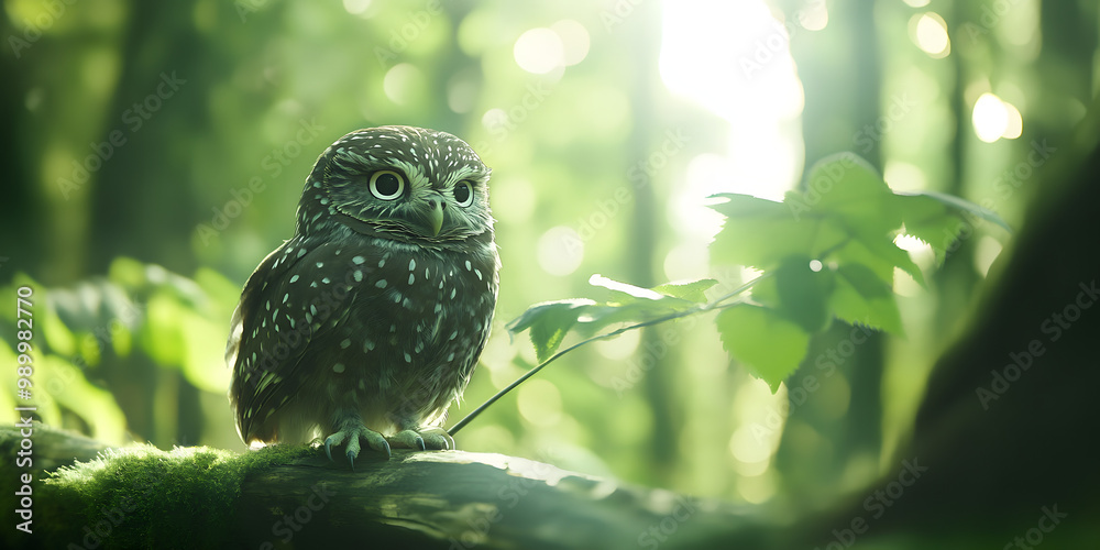Fototapeta premium Small owl perched on moss-covered branch in forest