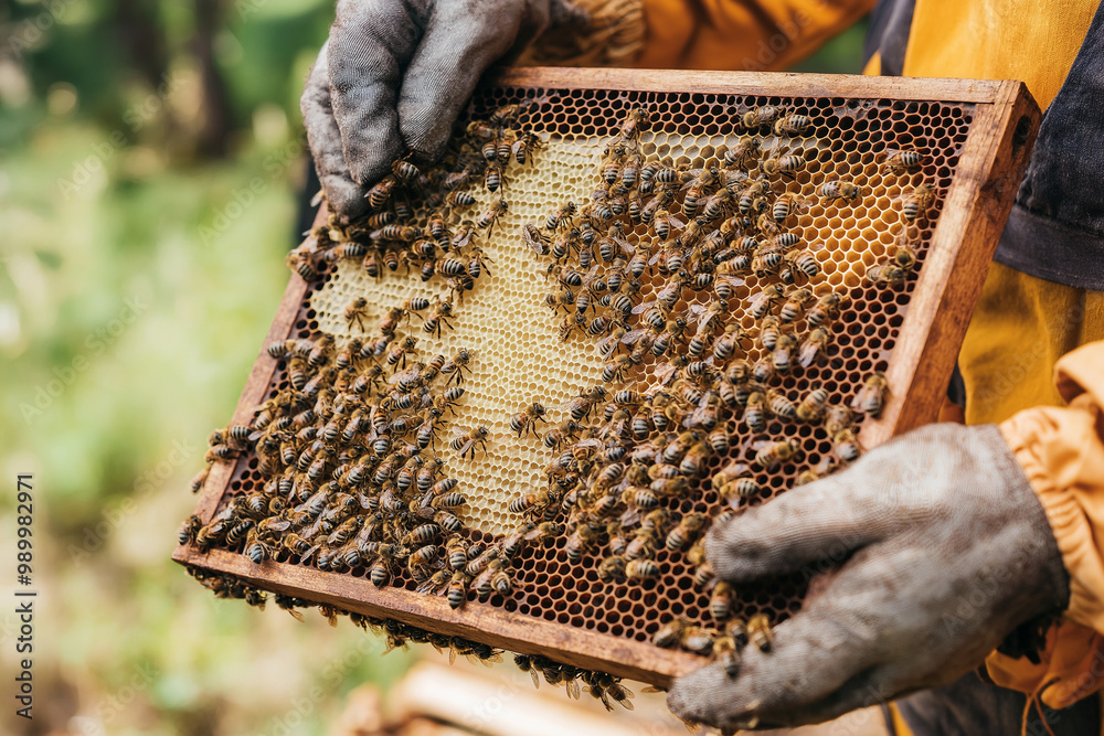 Beekeeper Holding Honeycomb Frame Filled with Sweet Golden Nectar of Hardworking Bees Beekeeper Holding Honeycomb Frame Filled with Sweet Golden Nectar of Hardworking Bees