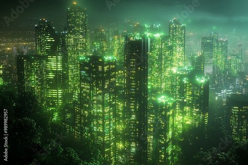 Green glowing cityscape at night.