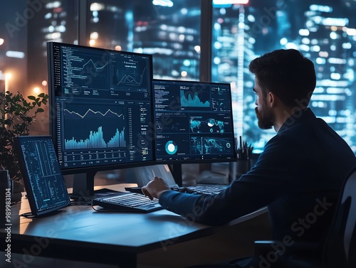 Man working on a computer with data on the screens.