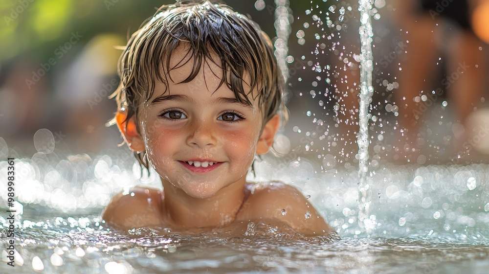 Happy Child Playing In Water Fountain Happy Child Playing In Water Fountain