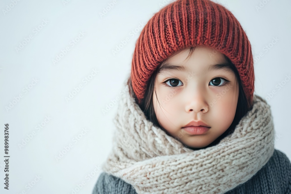 Portrait of a Young Girl Wearing a Red Knit Hat and a White Scarf Portrait of a Young Girl Wearing a Red Knit Hat and a White Scarf
