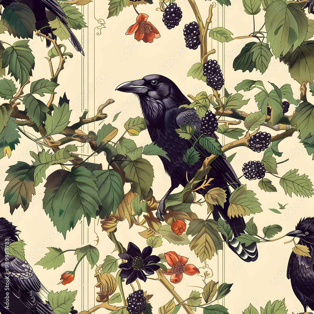 Fototapeta premium Seamless pattern with crow and blueberries. Vector