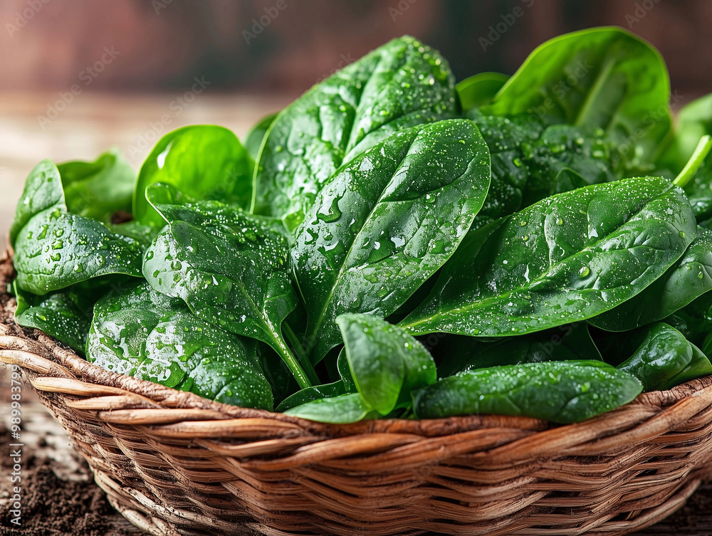 Fresh organic spinach leaves with dew in a rustic basket, perfect for healthy eating, organic farming, and nutrition content. Fresh organic spinach leaves with dew in a rustic basket, perfect for healthy eating, organic farming, and nutrition content.