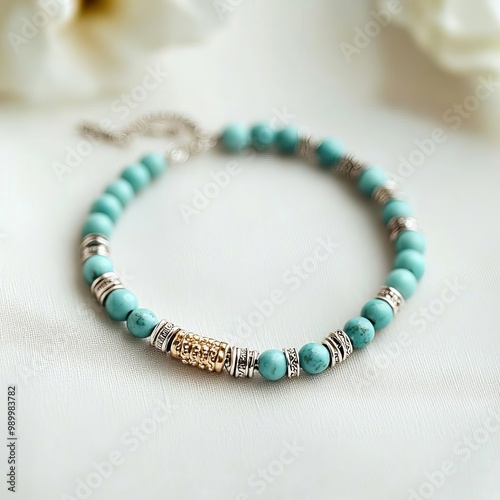 Turquoise bead choker, silver accents, southwestern-inspired, artisan-made for a boho style