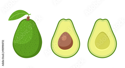 whole and half sliced avocado simple cartoon vector illustration isolated on white background