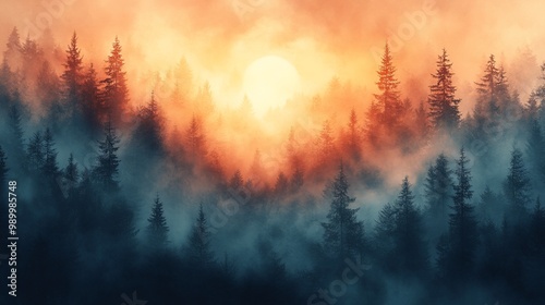 A misty forest bathed in the warm glow of the setting sun.