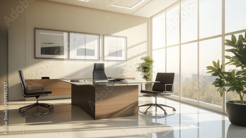 Sleek office interior with minimal decor, clean lines, and a glass-topped desk.