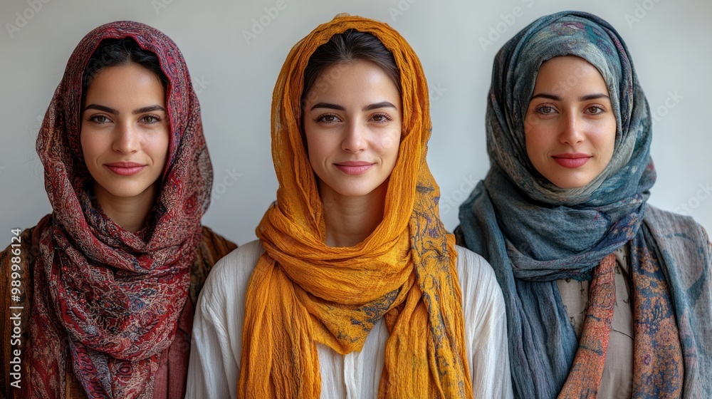 Three women wearing colorful scarves posing together. Three women wearing colorful scarves posing together.