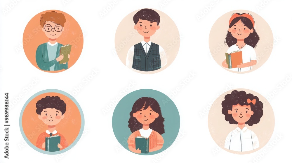 a set of illustrated avatars featuring teachers and students in circular frames. One avatar shows a male teacher in a sweater vest holding a textbook, another is a student a set of illustrated avatars featuring teachers and students in circular frames. One avatar shows a male teacher in a sweater vest holding a textbook, another is a student