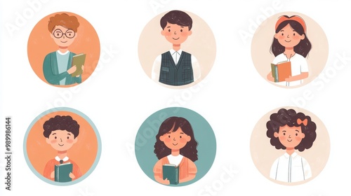 a set of illustrated avatars featuring teachers and students in circular frames. One avatar shows a male teacher in a sweater vest holding a textbook, another is a student 