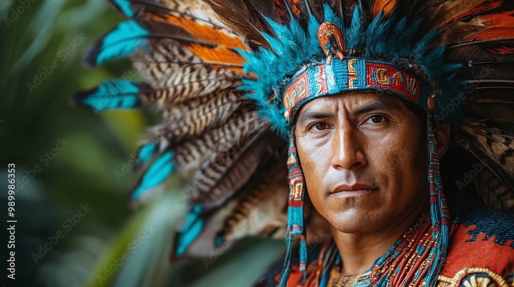 portrait of a man in traditional aztec warrior attire dressed as moctezuma the general featuring a feathered headdress and ceremonial armor symbolizing the powerful leadership of the aztec empire portrait of a man in traditional aztec warrior attire dressed as moctezuma the general featuring a feathered headdress and ceremonial armor symbolizing the powerful leadership of the aztec empire