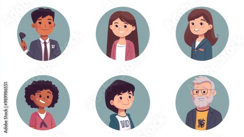 a set of illustrated avatars in circular frames showcasing diverse teachers and students. One teacher wears a suit and holds a pointer, another student has long straight hair and a cheerful expression