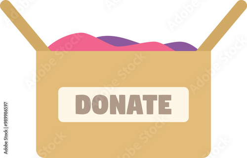 Open cardboard donation box full of clothes, ready to be sent to a charity organization