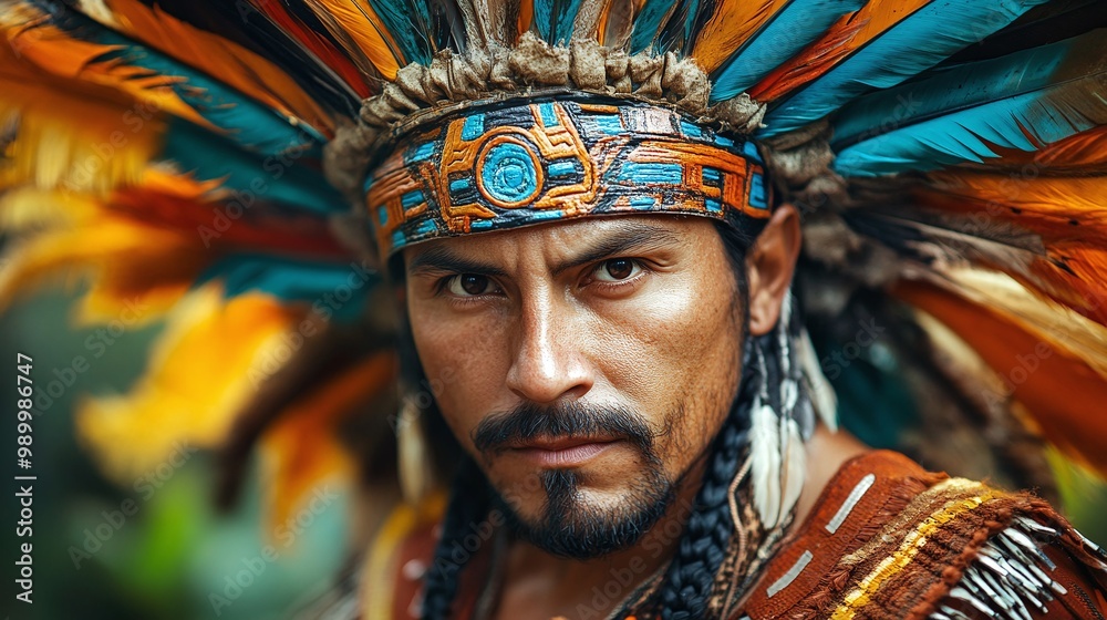 portrait of a man in traditional aztec warrior attire dressed as moctezuma the general featuring a feathered headdress and ceremonial armor symbolizing the powerful leadership of the aztec empire portrait of a man in traditional aztec warrior attire dressed as moctezuma the general featuring a feathered headdress and ceremonial armor symbolizing the powerful leadership of the aztec empire