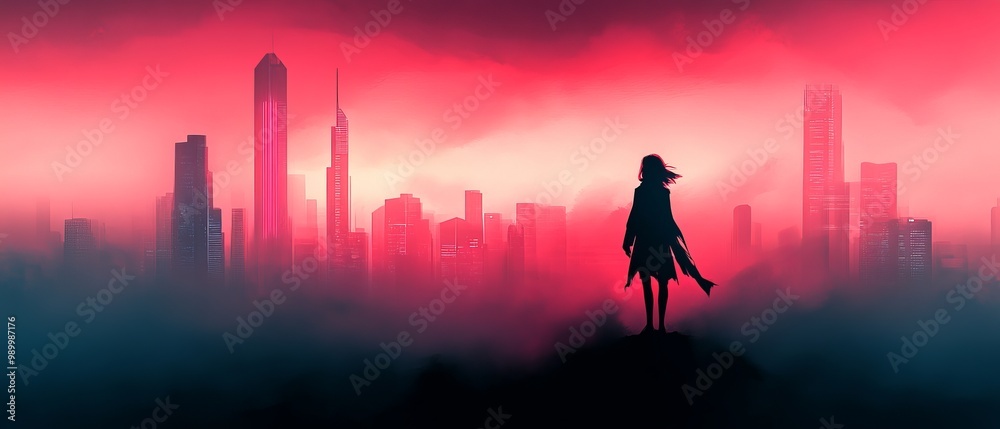 Fototapeta premium Silhouette of Woman Against City Skyline at Sunset