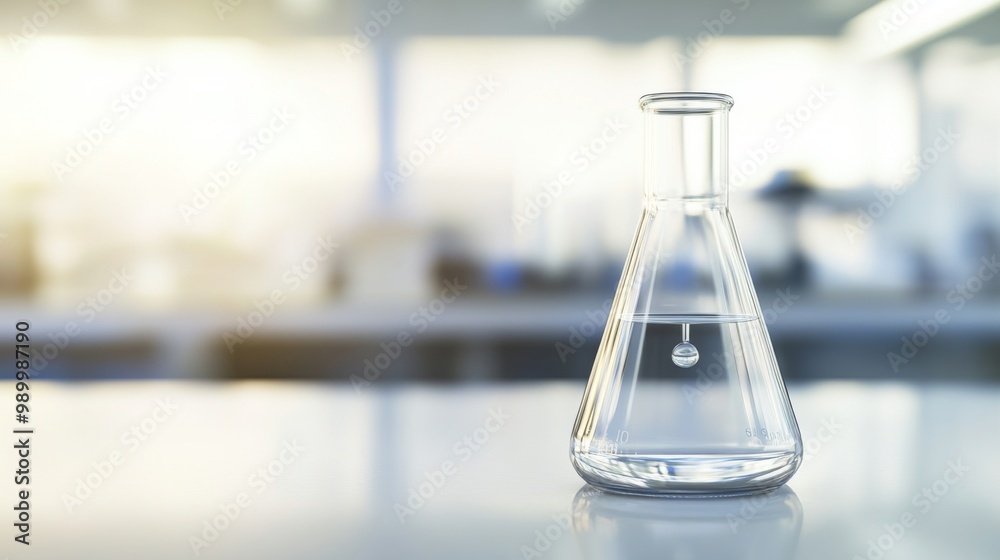Glass Beaker Containing Clear Liquid with Floating Indicator Marking Elevated Lead Levels, Ideal for Scientific Testing or Environmental Awareness Campaigns, Set Against a Clean White Background