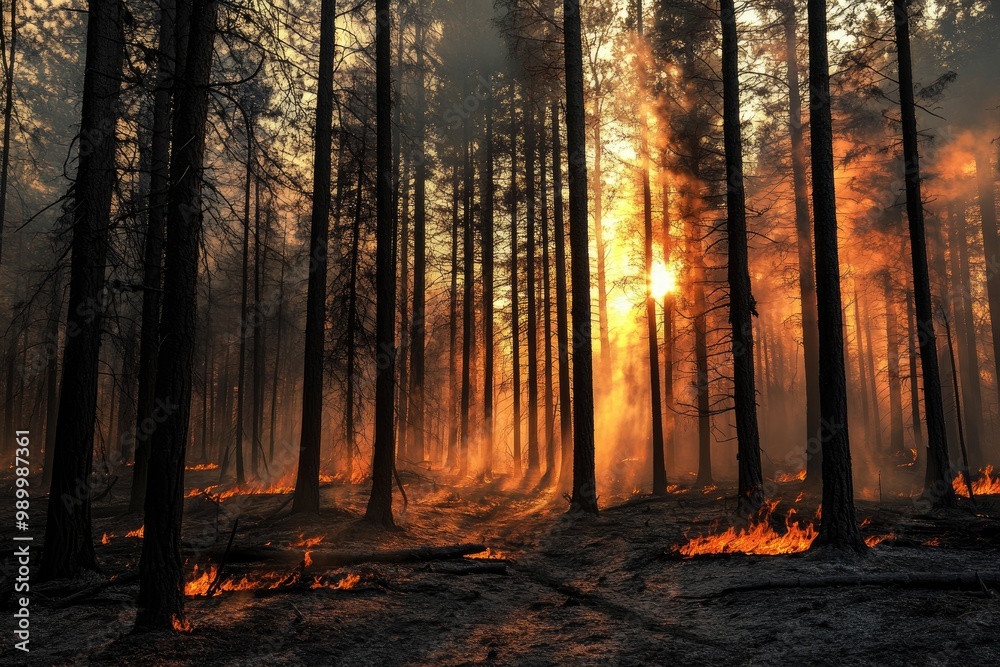 Forest Fire with Sun Shining Through Smoke and Trees Forest Fire with Sun Shining Through Smoke and Trees