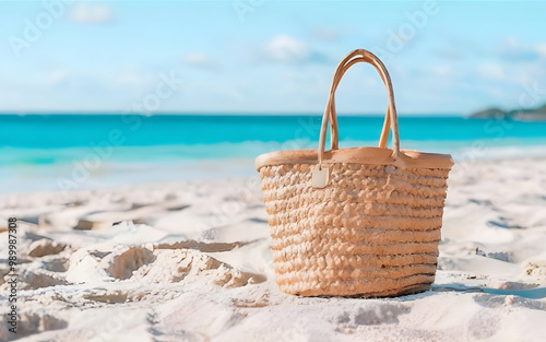 Tropical beach bag resting on sandy shore with calm blue water tropical beach resort aerial view ocean waves, golden sandy beach