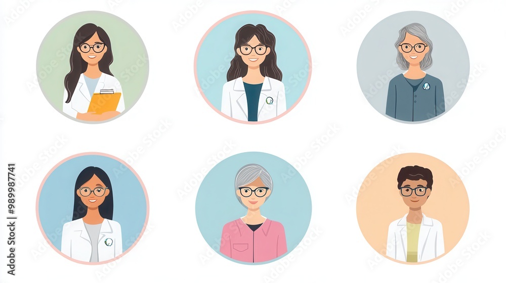 Create a set of illustrated avatars of teachers and their different teaching approaches in circular frames. One teacher wears a lab coat and safety goggles, holding a clipboard Create a set of illustrated avatars of teachers and their different teaching approaches in circular frames. One teacher wears a lab coat and safety goggles, holding a clipboard