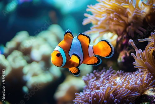 A Vibrant Clownfish Swimming Through Coral in an Aquarium