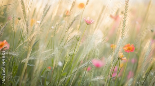 Soft focus of a field of wildflowers swaying in the breeze, creating a peaceful, natural scene.