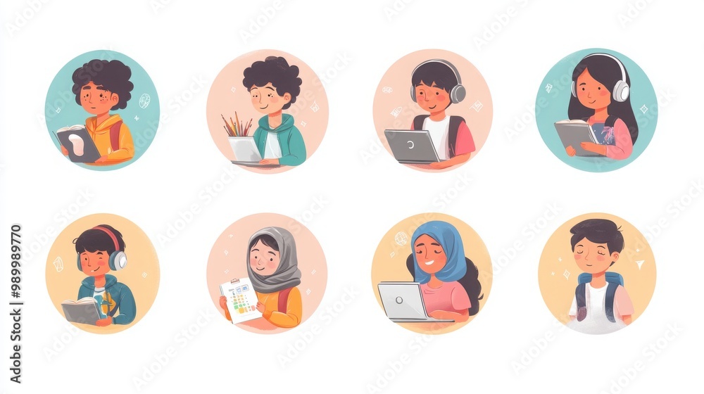 a set of illustrated avatars featuring students engaged in various academic activities in circular frames. One student is holding a paintbrush and has short a set of illustrated avatars featuring students engaged in various academic activities in circular frames. One student is holding a paintbrush and has short