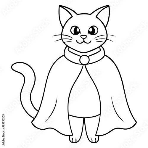 Cute Cat in a Cape: A charming and adorable cartoon cat wearing a cape, perfect for children's books, coloring pages, or any project needing a touch of feline whimsy.