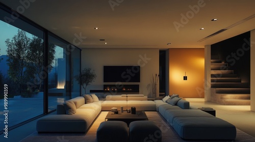 Soft lighting illuminating a minimalist living room with plush, comfortable seating. -