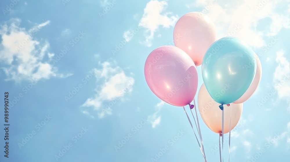 Soft pastel balloons floating in the air, creating a cheerful and lighthearted scene.