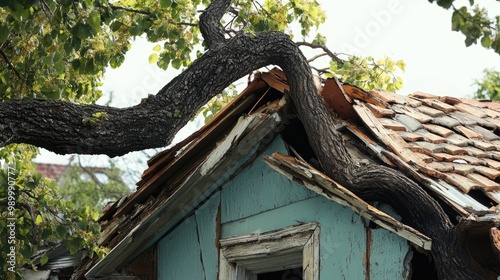 A broken tree leaning over a heavily damaged house roof, symbolizing the need for disaster insurance