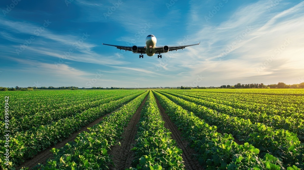 A cargo airplane flying over fresh produce fields, showcasing the importance of air freight in the food industry. A cargo airplane flying over fresh produce fields, showcasing the importance of air freight in the food industry.