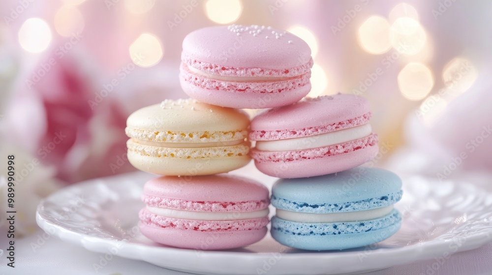 Soft pastel-colored macarons stacked neatly on a delicate plate, creating a sweet scene. Soft pastel-colored macarons stacked neatly on a delicate plate, creating a sweet scene.