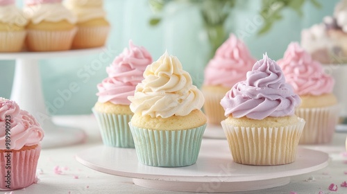 Soft pastel-colored cupcakes displayed on a table, decorated with light buttercream.