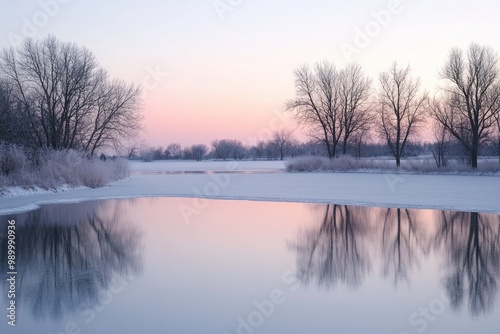 Silhouetted Trees Reflecting in a Frozen Lake at Dawn