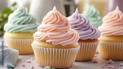 Soft pastel-colored cupcakes displayed on a table, decorated with light buttercream.