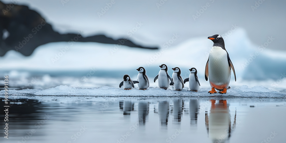 Fototapeta premium Group of penguins walking on frozen surface