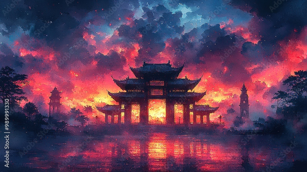 Obraz premium Traditional Chinese Architecture at Sunset with Watercolor Style