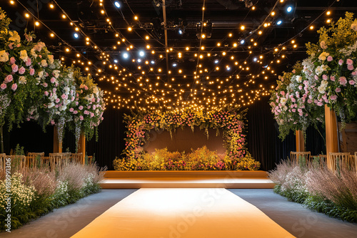 A wide stage at a wedding venue, bathed in soft, enchanting lights, setting the scene for a romantic and unforgettable evening photo