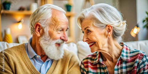 Thoughtful elderly couple discussing family planning and future together in a cozy living room setting photo