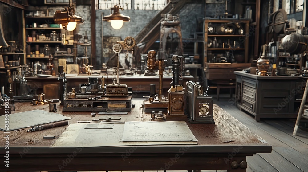 An Old Workbench with Tools and Sketches in a Workshop An Old Workbench with Tools and Sketches in a Workshop