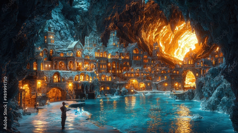 Obraz premium Fantasy Cave City with Water and Lights