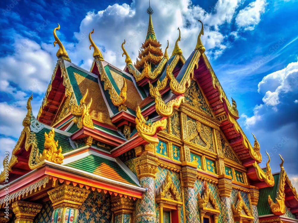 Fototapeta premium Traditional Thai Architecture with Unique Angles and Intricate Design Elements Against a Blue Sky