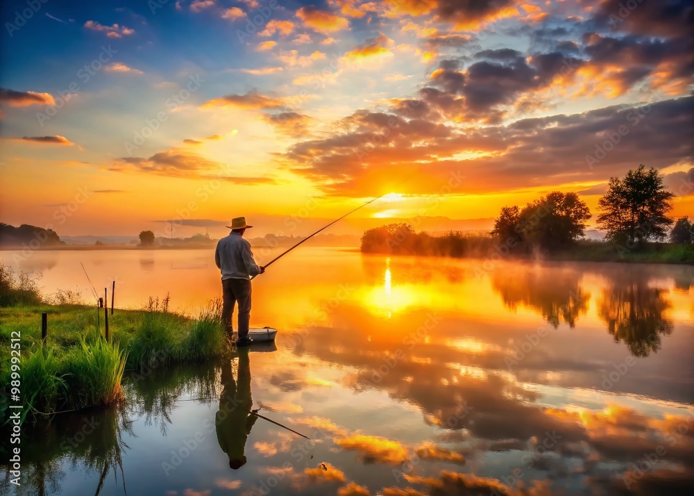 Tranquil Fishing Scene at Sunrise with Silhouetted Fisherman and Reflective Water in Natural Landscape Tranquil Fishing Scene at Sunrise with Silhouetted Fisherman and Reflective Water in Natural Landscape