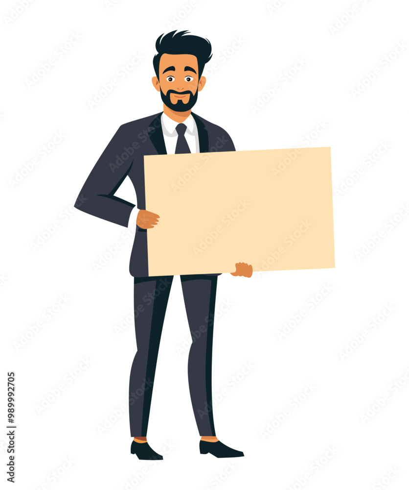 A vector illustration of a confident businessman holding a blank clipboard, ideal for business, presentations, or marketing concepts. Perfect for showcasing messages, announcements, or information A vector illustration of a confident businessman holding a blank clipboard, ideal for business, presentations, or marketing concepts. Perfect for showcasing messages, announcements, or information