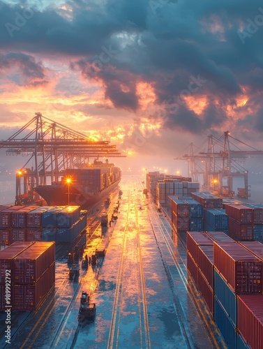 Containers Being Unloaded at Sunset in a Port photo