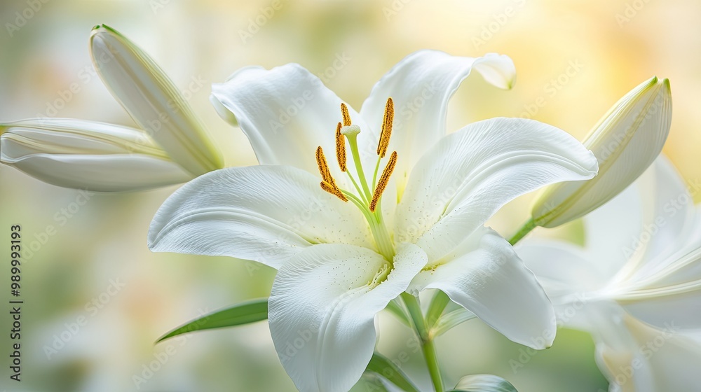 Fototapeta premium A close-up of a white lily in full bloom, with soft petals and delicate details captured in natural light.