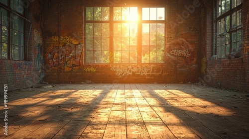 Sunbeams Through Graffitied Window in Abandoned Building